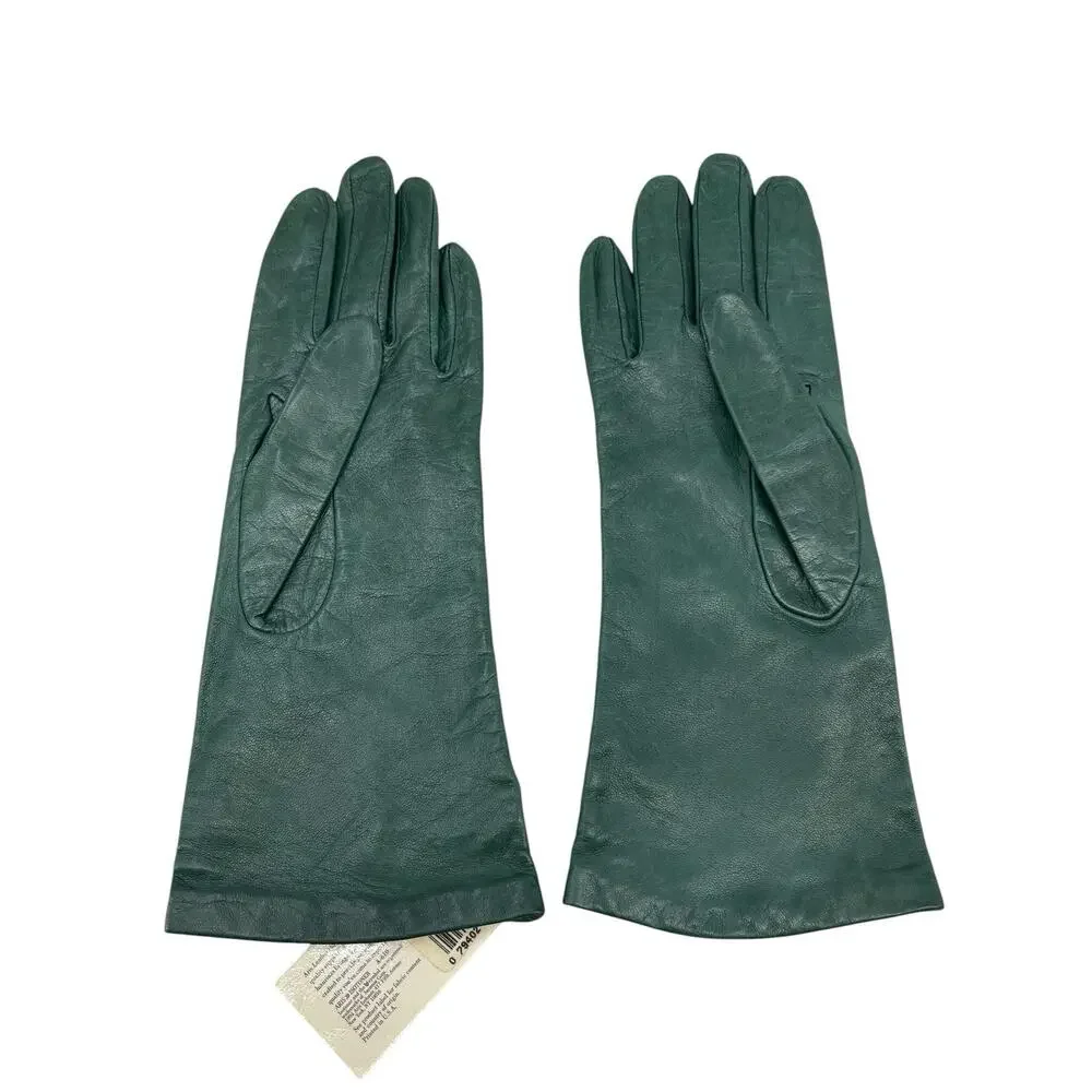New Vintage Aris Isotoner Gloves Forest Green Leather Silk Lined Size 7 1/2